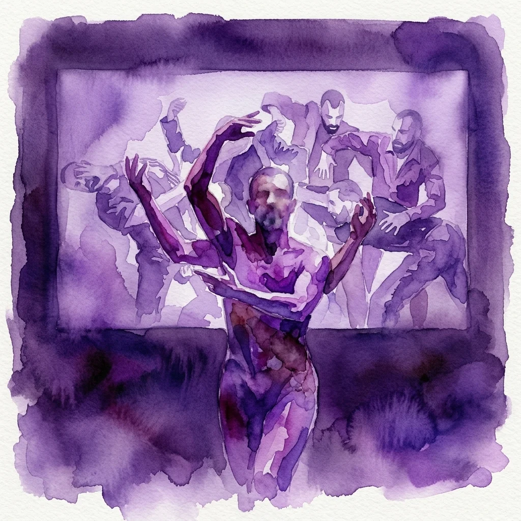 Een aquarel die een centrale figuur met uitgestrekte armen afbeeldt, omringd door gefragmenteerde, overlappende figuren in paarse tinten, die thema's van identiteit en verbinding in Gioele Coccia's performance vertegenwoordigen.