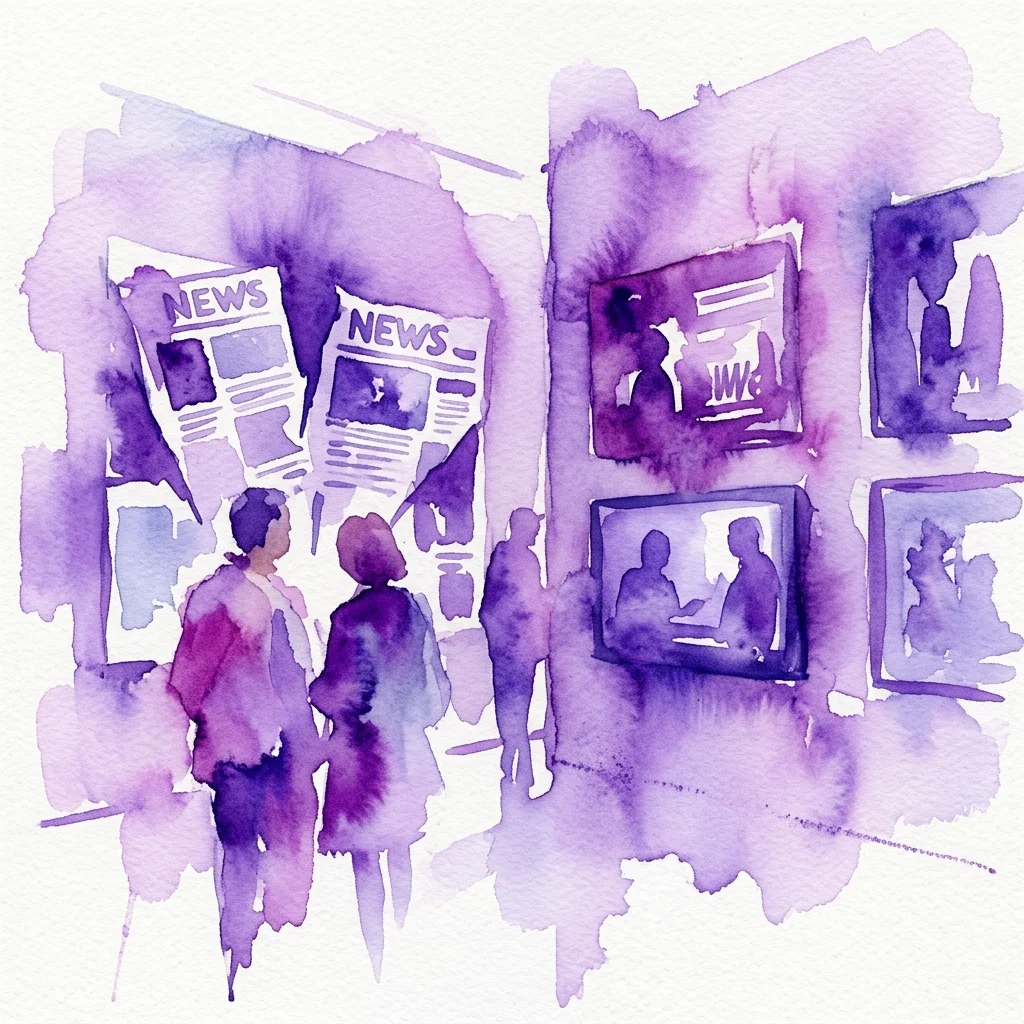 Waterverfillustratie van bezoekers die een hedendaagse kunsttentoonstelling bekijken met thema's uit de nieuwsmedia, met paarsgetinte kunstwerken en krantenuitstellingen.