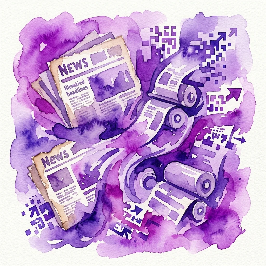 Ilustracja akwarelowa przedstawiająca zabytkowe gazety, maszyny drukarskie i cyfrowe elementy wiadomości w odcieniach fioletu, reprezentująca wystawę 'HIT BY NEWS' zgłębiającą media i sztukę.