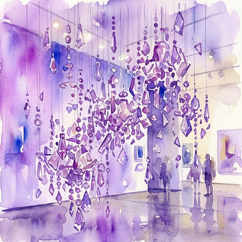 Een aquarelillustratie van een eigentijdse kunstinstallatie met hangende glascomponenten van een kroonluchter in paarse tinten, gearrangeerd in een gefragmenteerde compositie in een galerie.