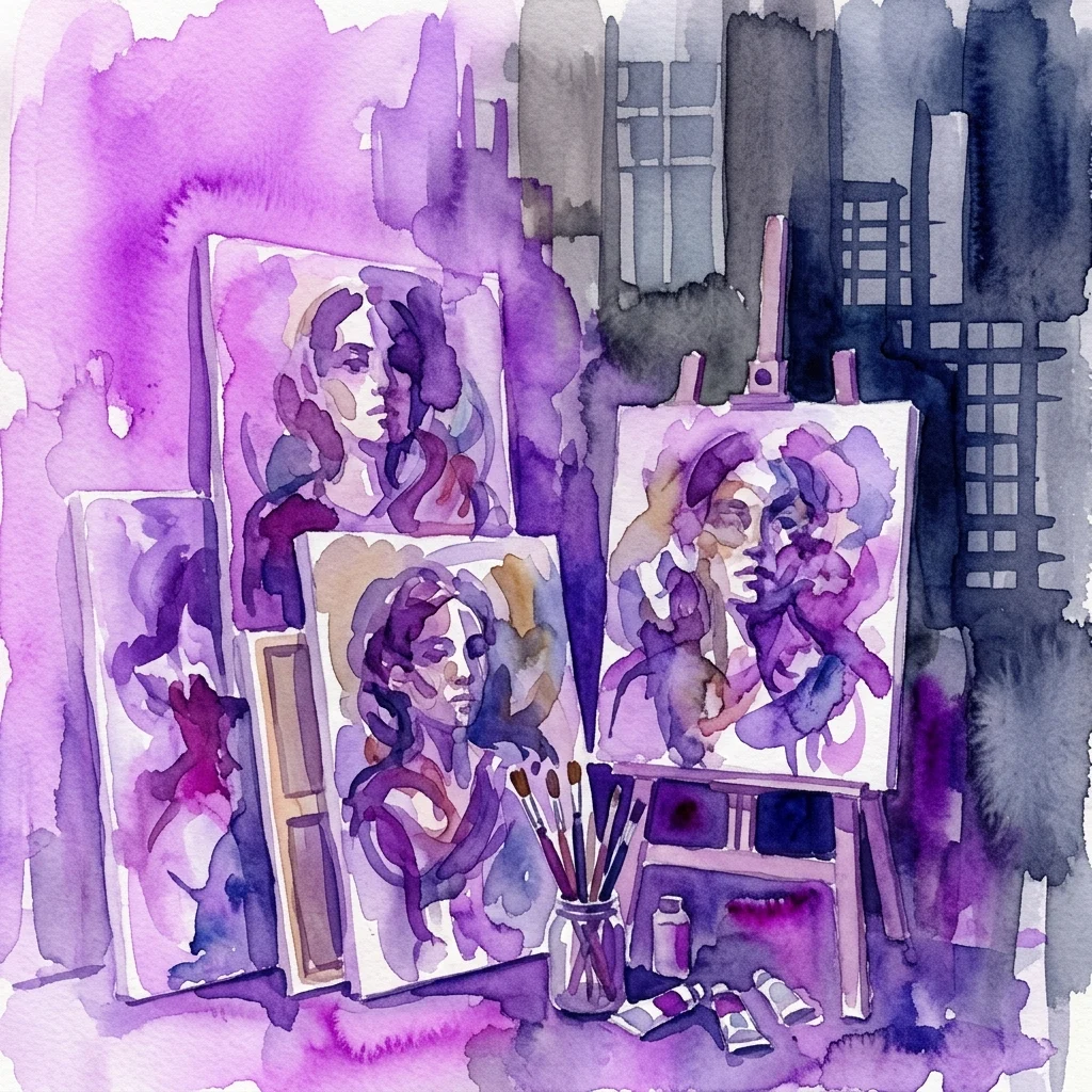 Aquarel met een atelier van een kunstenaar, met meerdere doeken die gefragmenteerde zelfportretten in paarse tinten tonen, wat introspectie en transformatie oproept.
