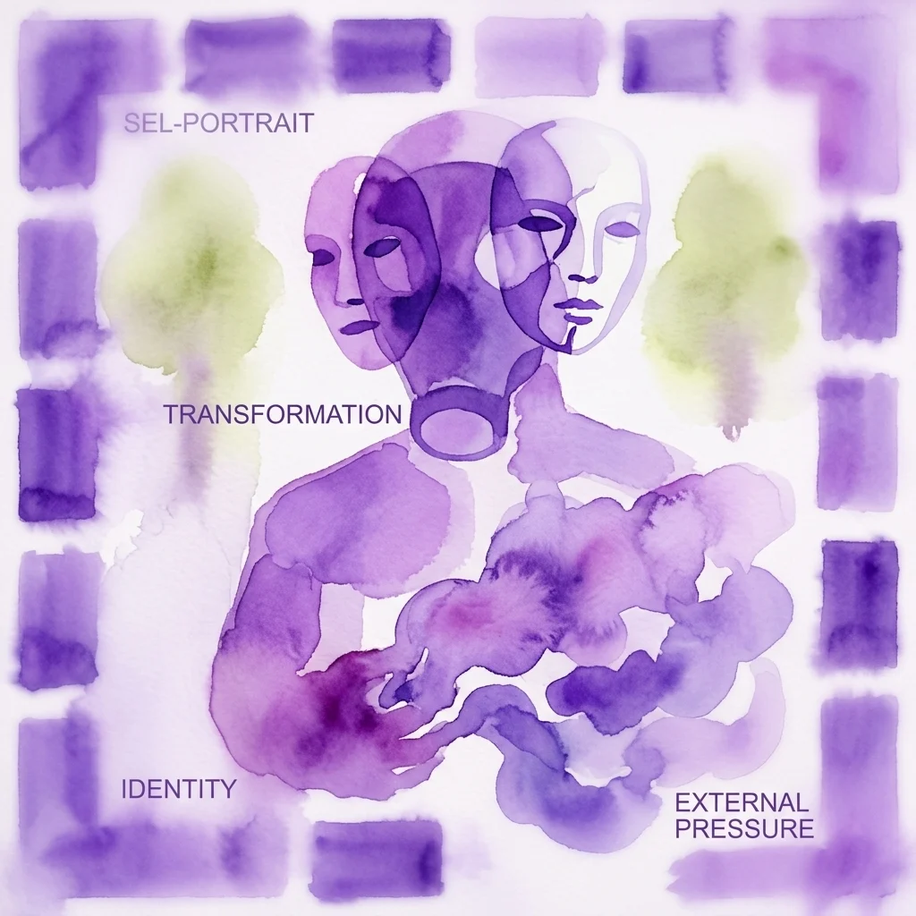 Akwel dat nakładające się twarze i abstrakcyjne formy w kolorze fioletowym i zielonym, z etykietami tekstowymi 'SEL-PORTRAIT', 'TRANSFORMATION', 'IDENTITY' i 'EXTERNAL PRESSURE', reprezentujące tematy z wystawy Jiříego Petrboka.