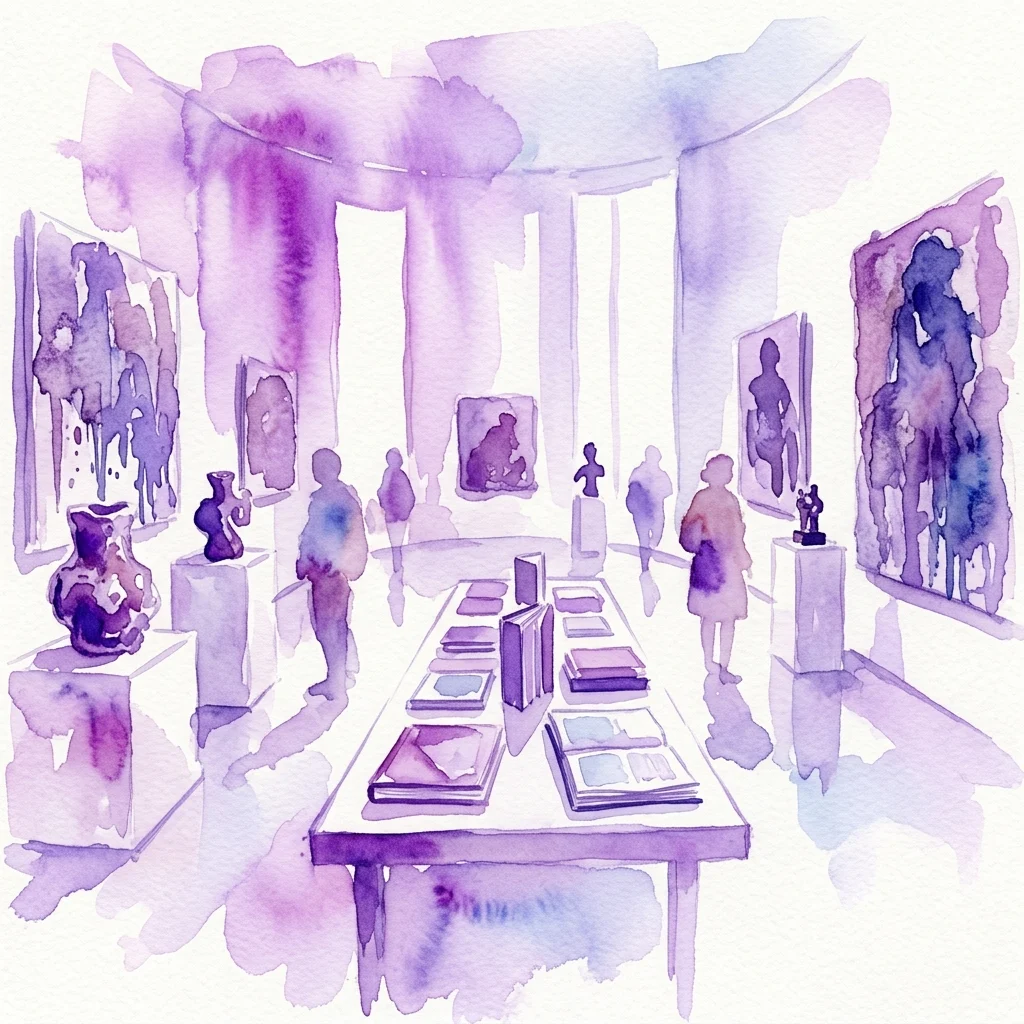 Ilustración en acuarela de una exposición en una galería de arte que presenta pinturas, esculturas y libros de Miquel Barceló, con visitantes admirando las obras en un espacio de tonos púrpuras.