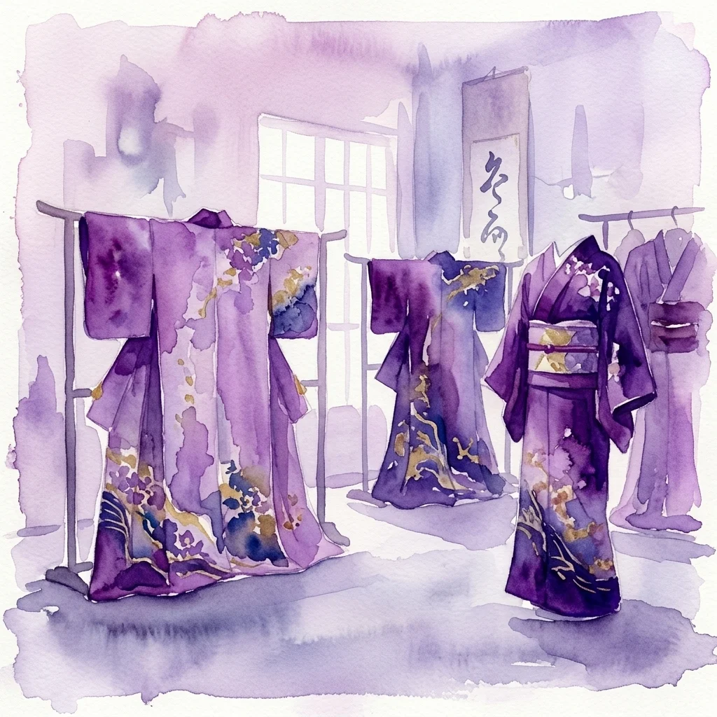 Watercolor illustration of vintage and antique Japanese kimonos in purple and gold, displayed on racks in a gallery setting with a traditional scroll in the background.