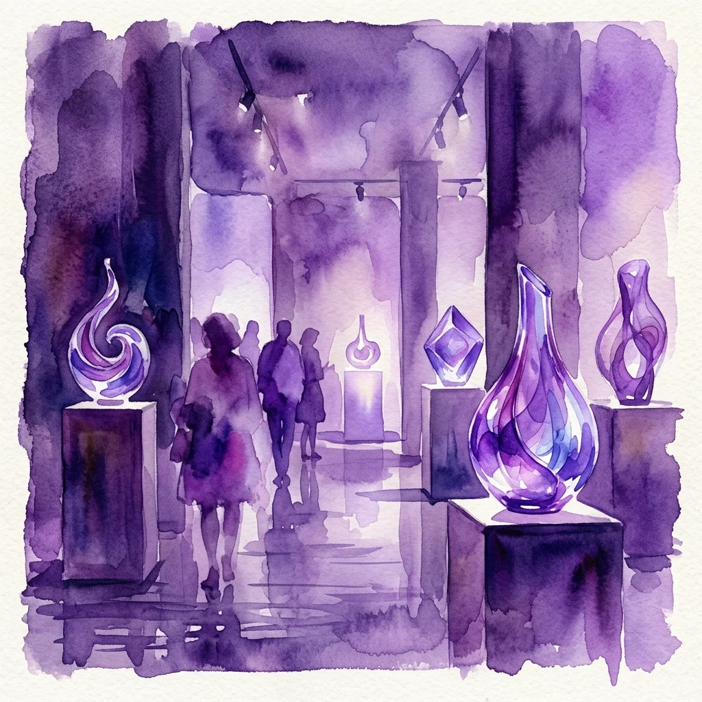Ilustración en acuarela de una exposición de arte contemporáneo que presenta esculturas de vidrio de Patrik Illo, con visitantes admirando las obras en un espacio de galería iluminado por luces púrpuras.