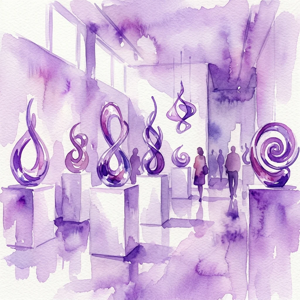 Ilustración en acuarela de la exposición de arte en vidrio 'Something Is Not Nothing' de Patrik Illo, con esculturas cinéticas en tonos púrpuras expuestas en una galería moderna.