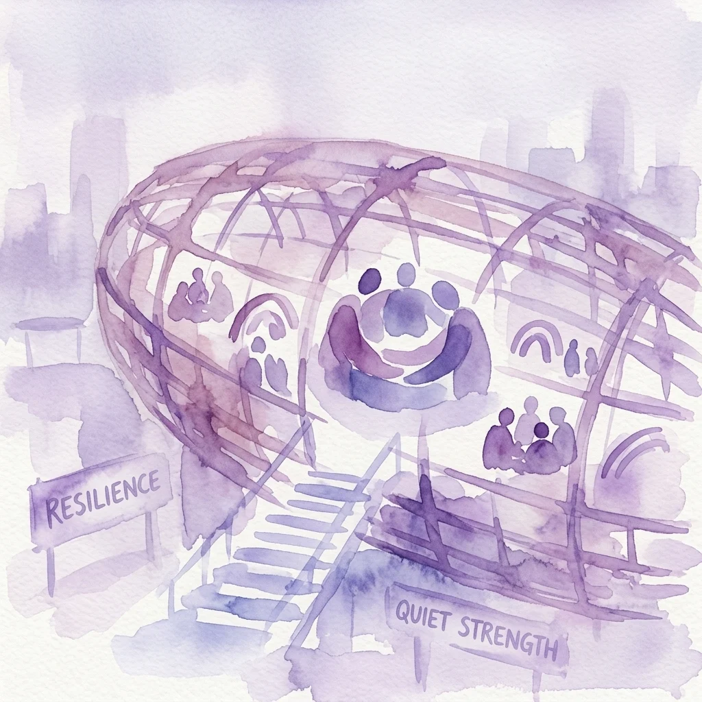 Ilustracja akwarelowa kulistej struktury z ludźmi w środku, otoczonej znakami z napisami "RESILIENCE" i "QUIET STRENGTH", symbolizująca wystawę "Point of View 4: Resilience" w DOX.