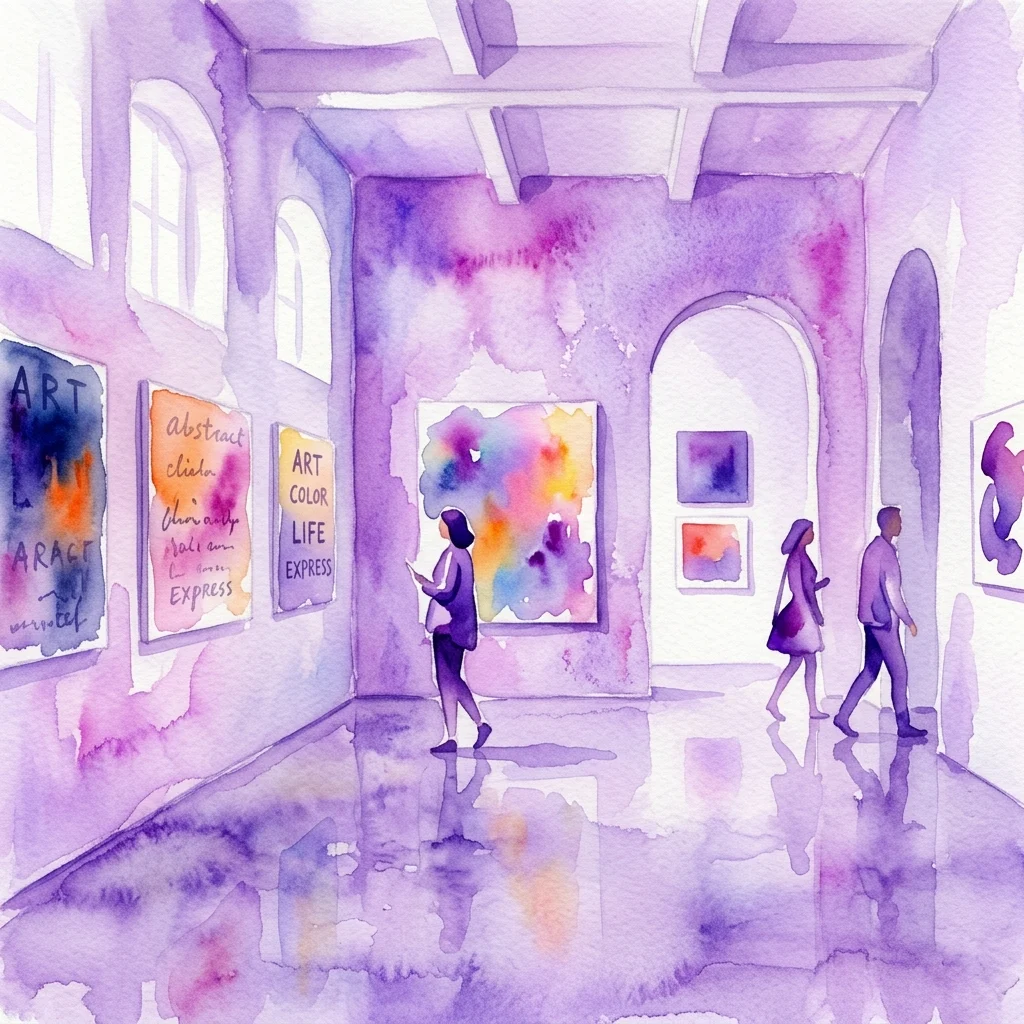 Ilustracja akwarelowa galerii sztuki z odwiedzającymi oglądającymi abstrakcyjne obrazy z żywymi kolorami i tekstem, część wystawy Radim Langer: Arcanum.