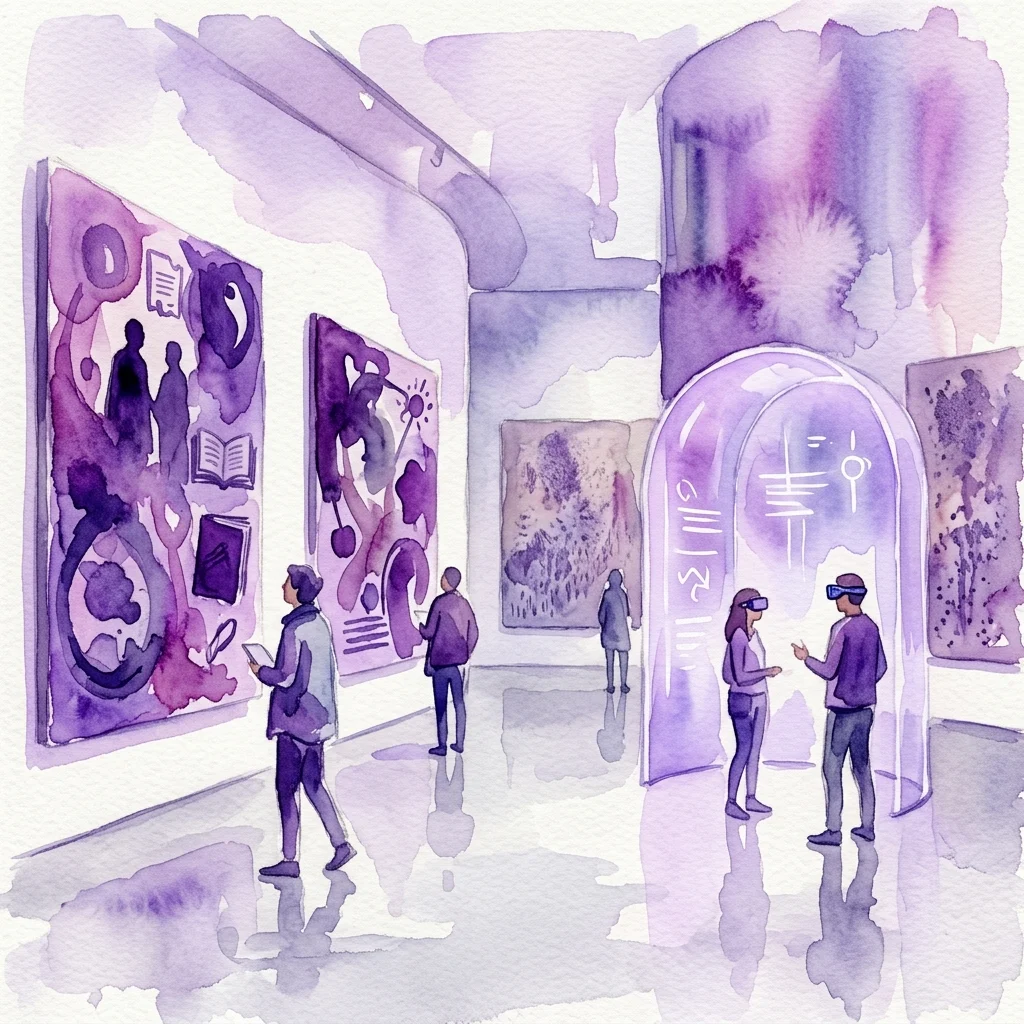 Waterverfillustratie van een hedendaagse kunstexpositie met grootschalige schilderijen en een VR-installatie, geïnspireerd op Goethes Faust, met bezoekers die de galerie verkennen.