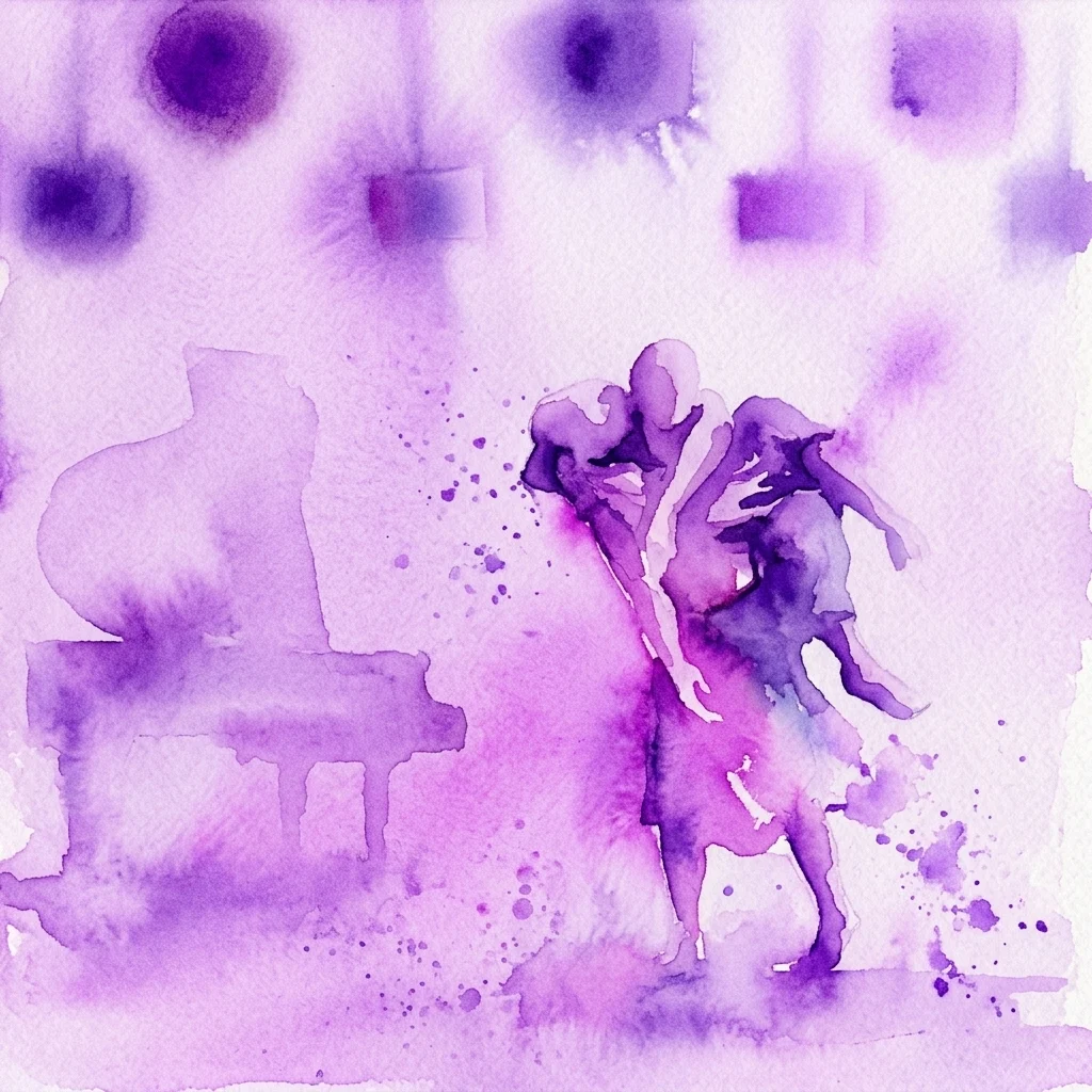 Abstract paars aquarel kunstwerk met drie figuren in beweging, dat urgentie en een gedeelde reis oproept, met een pianosilhouet op de achtergrond, voor de tentoonstelling Refuge 2025.