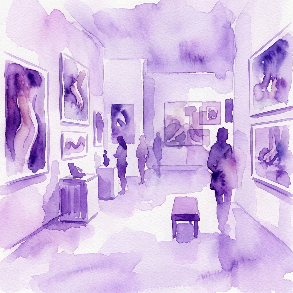 Una ilustración en acuarela de una galería de arte con paredes de tonos púrpuras y obras de arte enmarcadas, que presenta siluetas de visitantes viendo una exposición de fotografía contemporánea.