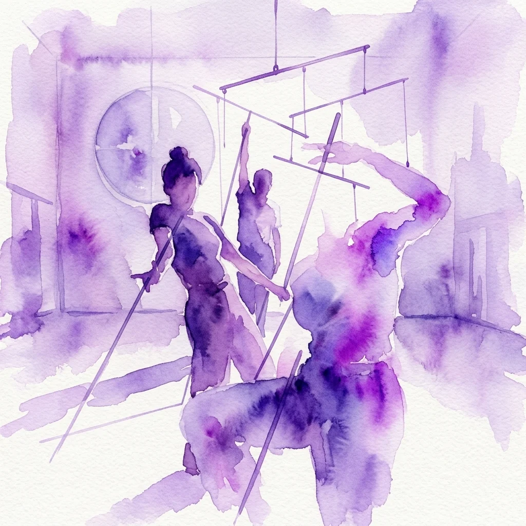 Ilustración en acuarela de una actuación de circo contemporáneo con artistas en un trapecio suspendido, con instalaciones cinéticas de barras delgadas, evocando una atmósfera frágil e hipnótica.