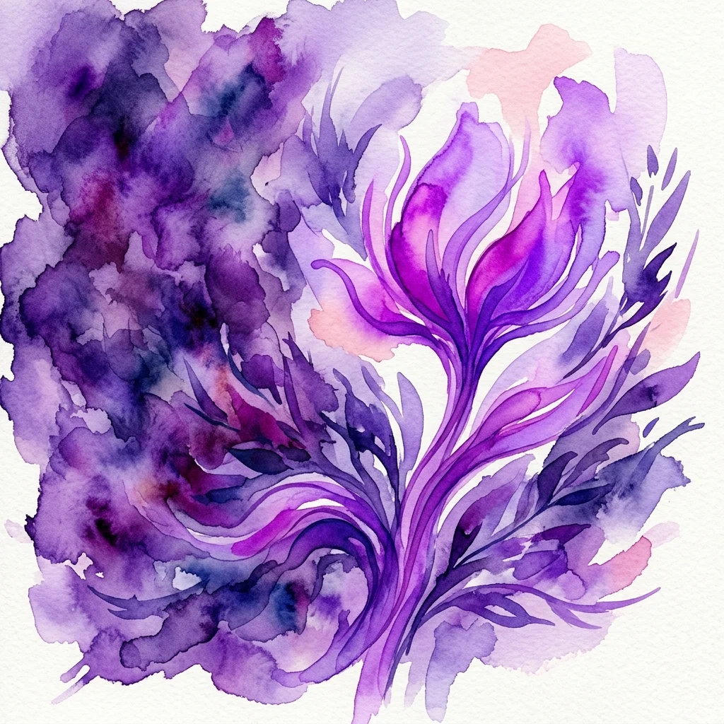 Abstract aquarelkunstwerk in paars- en roze tinten, dat een vloeiende, organische vorm weergeeft die veerkracht en stille kracht suggereert te midden van complexiteit.