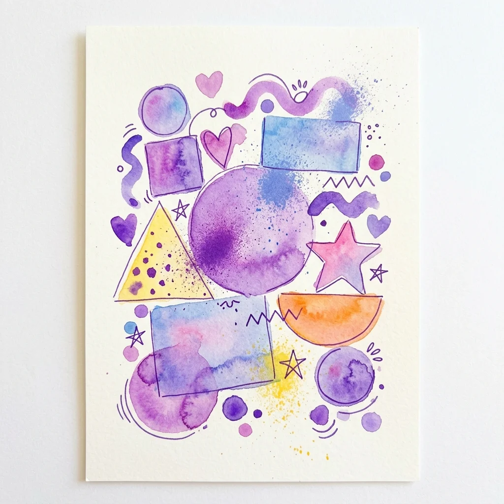Obra de arte geométrica abstracta de Veronika Zýková con formas lúdicas como corazones, estrellas y círculos en acuarela y rotulador morado, amarillo y azul sobre papel blanco.