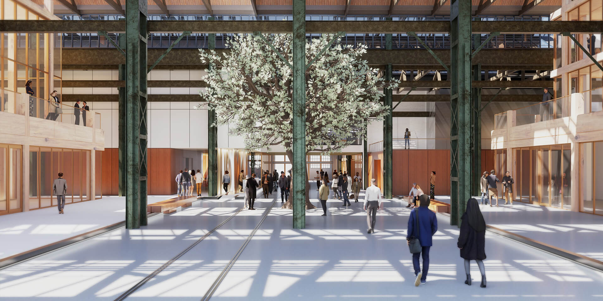 Spacious museum interior with green structural columns, central tree-like installation, and visitors walking through light-filled hall