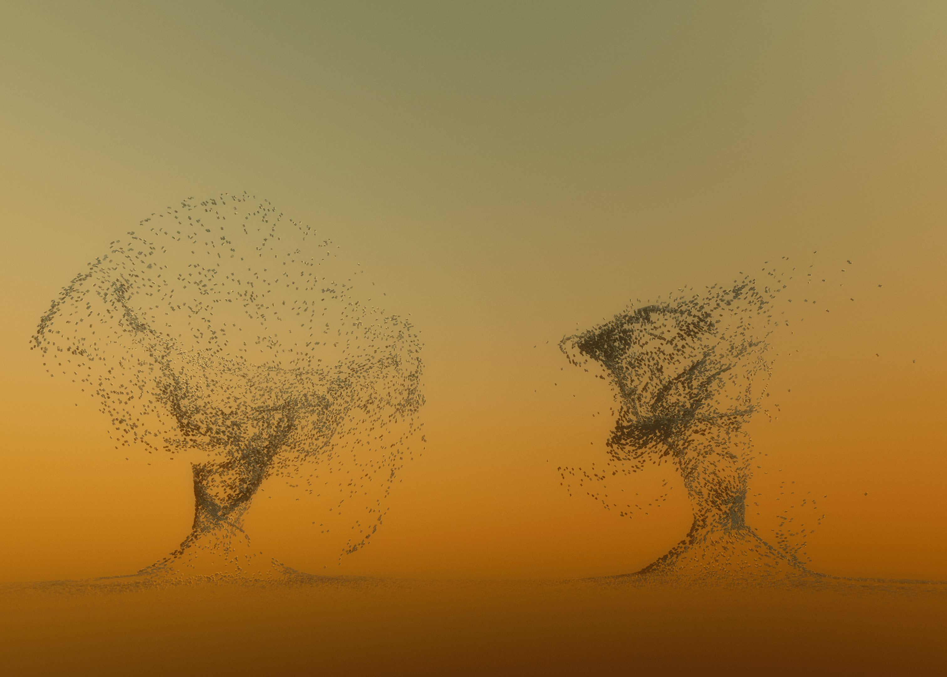 Two abstract particle-based sculptures forming dynamic shapes against a warm orange-to-brown gradient background