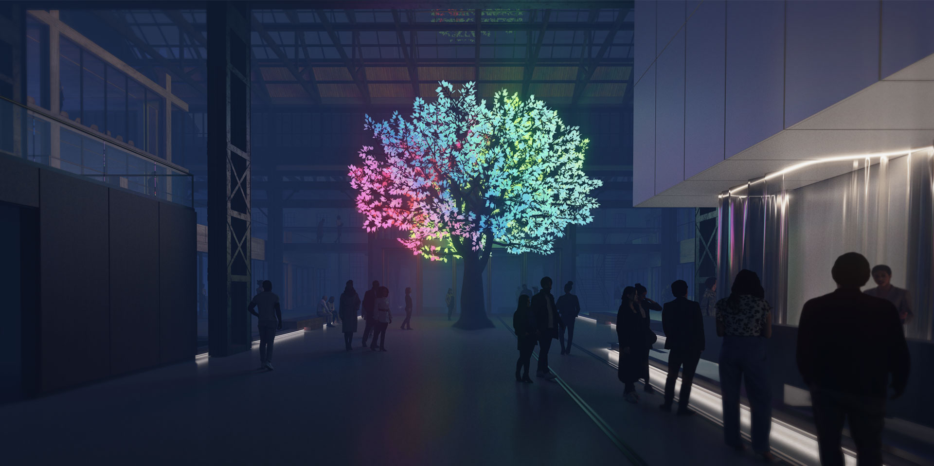 People view a vibrant digital tree installation with colorful pink, green, and blue lights in a modern museum interior with high ceilings and industrial elements