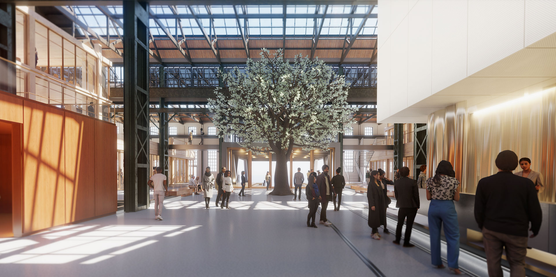 Spacious modern interior of Drift Museum with a large central tree, glass ceiling, and visitors walking among exhibits
