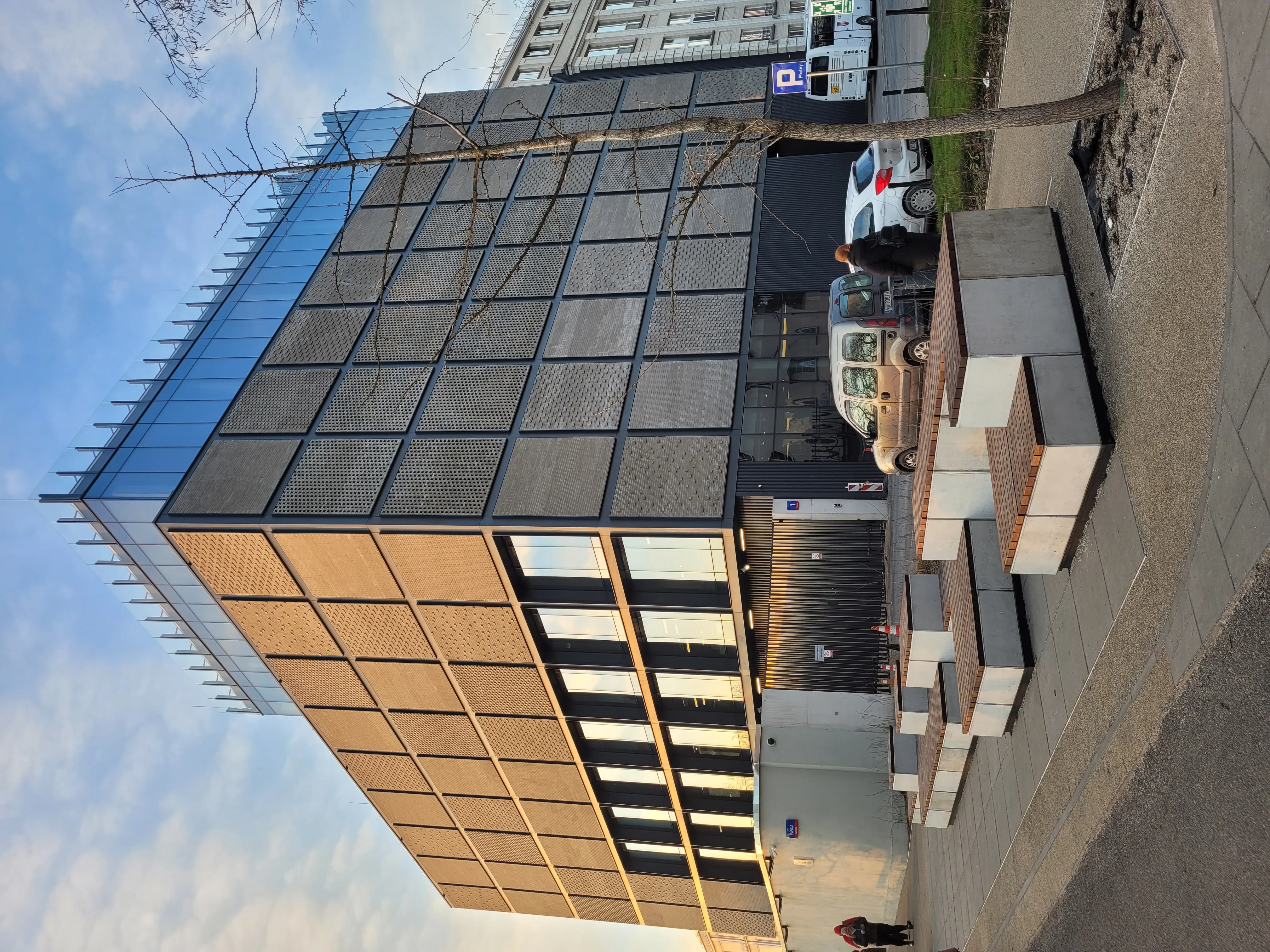 Modern building with glass and wood facade, steps, and a tree in front