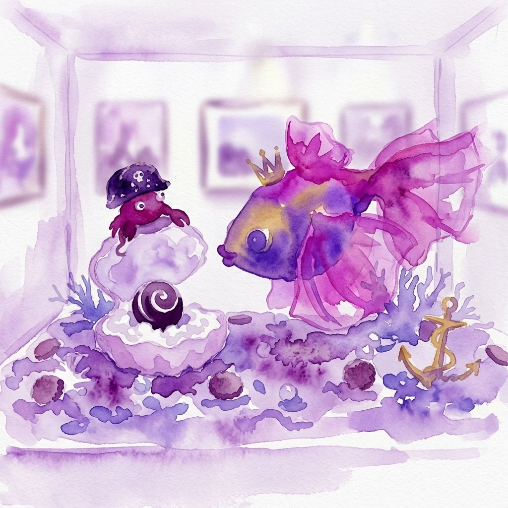 A whimsical watercolor diorama from the 'Romance au chocolat' exhibition, featuring a crowned fish and a pirate octopus on a chocolate landscape with coral and an anchor.