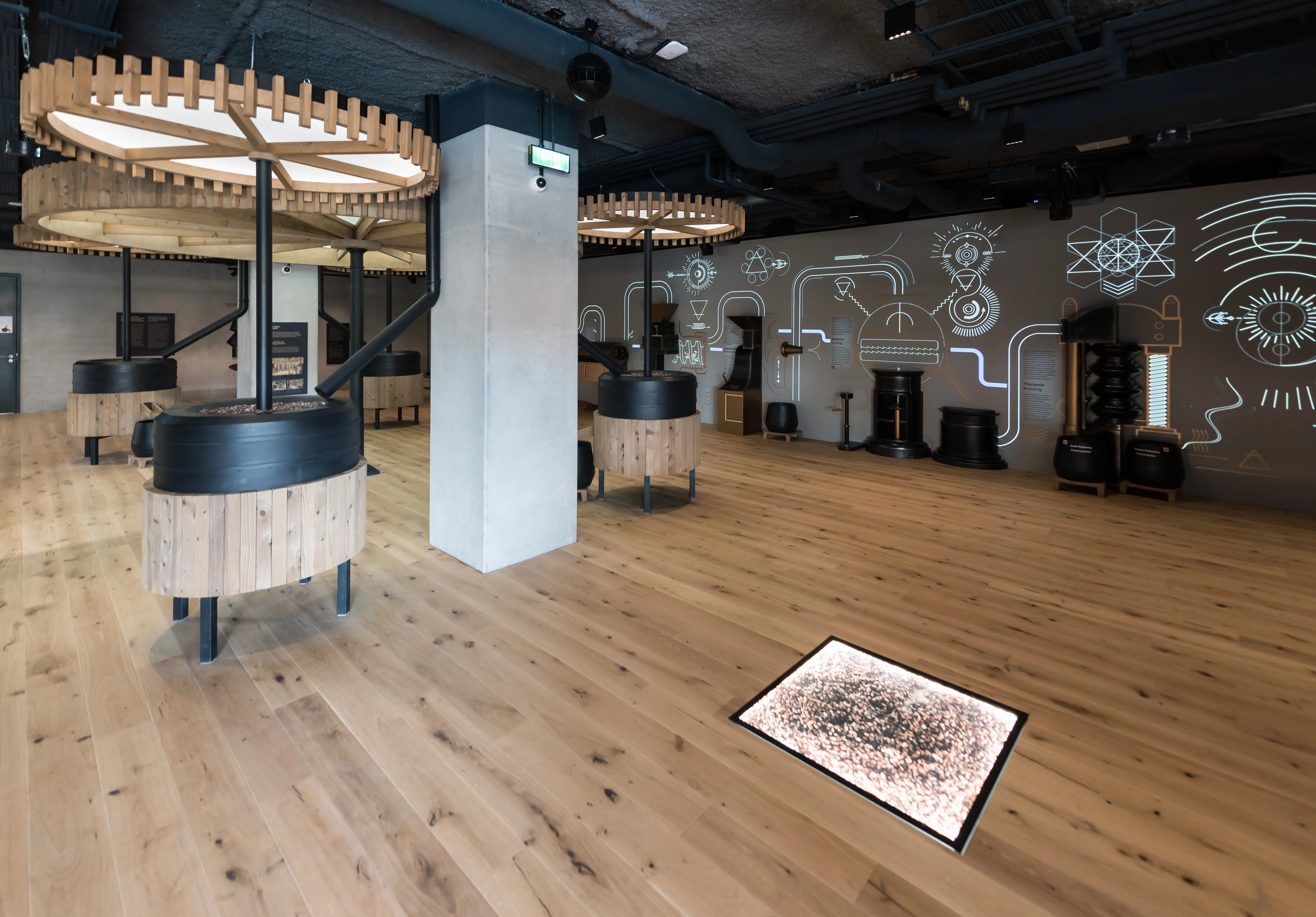 Interior of the Chocolate Factory E. Wedel museum with wooden floors, circular light fixtures, and illustrated diagrams on the walls