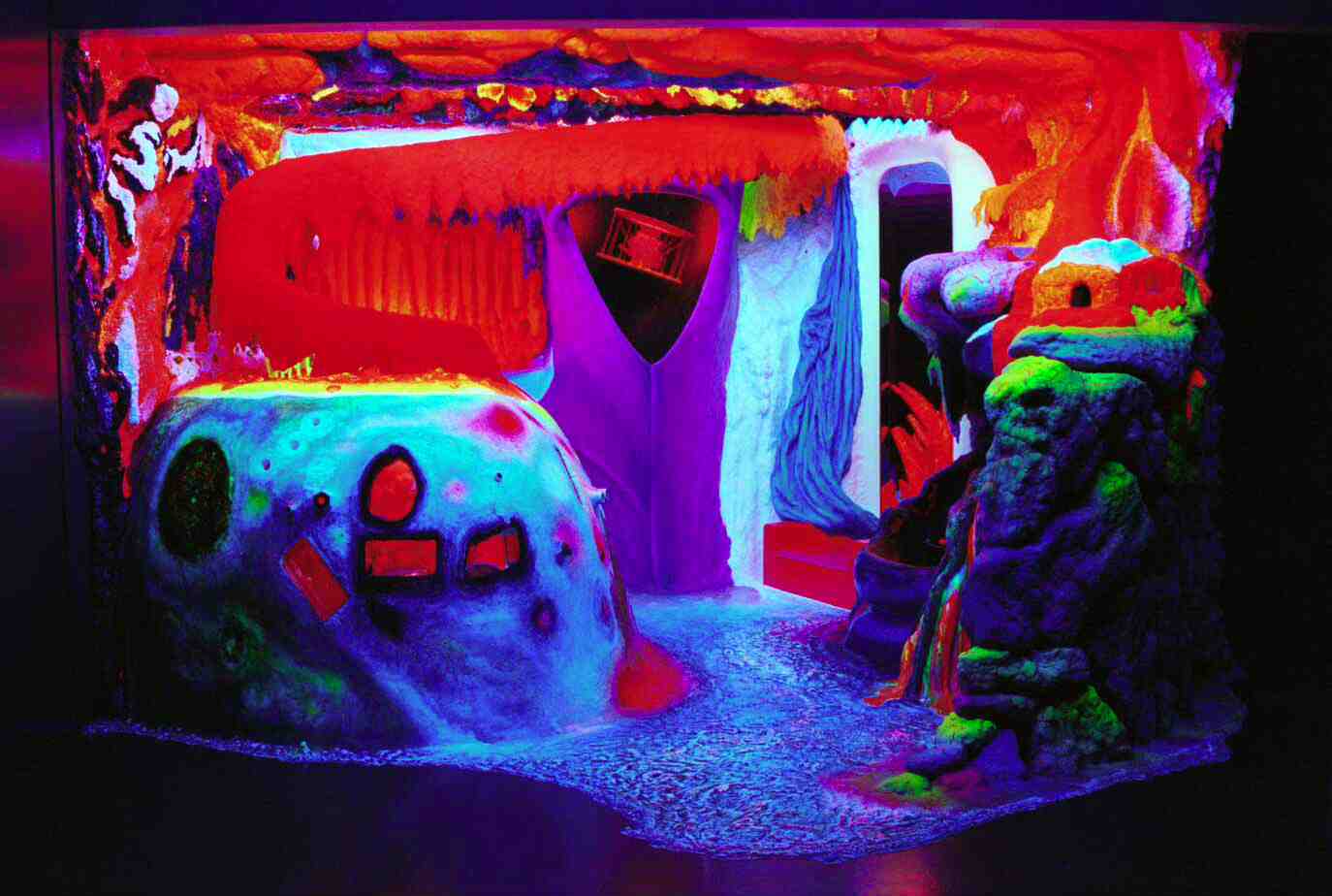 Instalación de arte fluorescente vibrante con esculturas brillantes de color azul, rojo y verde bajo luz ultravioleta, con un letrero de 'EXIT' en una puerta.