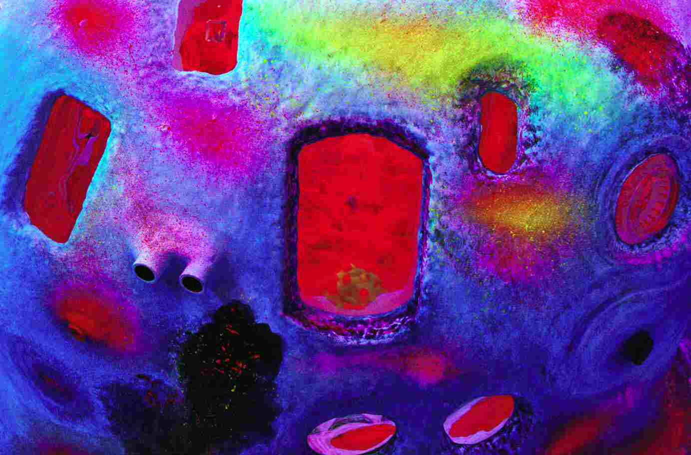 Vibrante obra de arte fluorescente con formas rojas brillantes, patrones circulares y gradientes azul-púrpura sobre una superficie texturizada