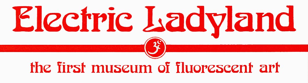 Logotipo de texto rojo que dice 'Electric Ladyland' con una línea horizontal y el lema 'el primer museo de arte fluorescente' debajo del símbolo circular del número 3