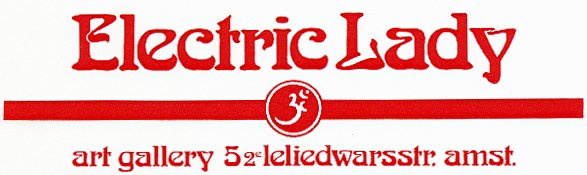 Logotipo de texto rojo que dice 'Electric Lady' con una línea roja horizontal, emblema circular '35' y debajo 'art gallery 52 leliedwarsstr. amst.'