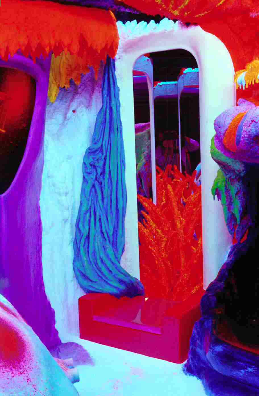 Vibrant fluorescent art installation with glowing red, blue, and purple textures in an immersive indoor space