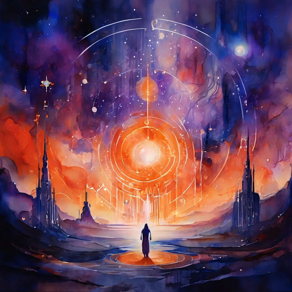 Een abstracte weergave van verweven wetenschappelijke en spirituele concepten, die de zoektocht naar betekenis symboliseren, gerelateerd aan de Embassy of the Free Mind.
