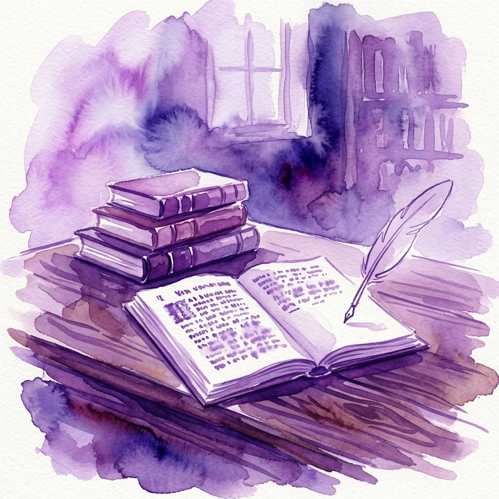 Acuarela de un estudio holandés del siglo XVII: libros de cuero apilados, un manuscrito abierto y una pluma sobre un escritorio de madera, evocando el pensamiento libre de Adriaan Koerbagh.