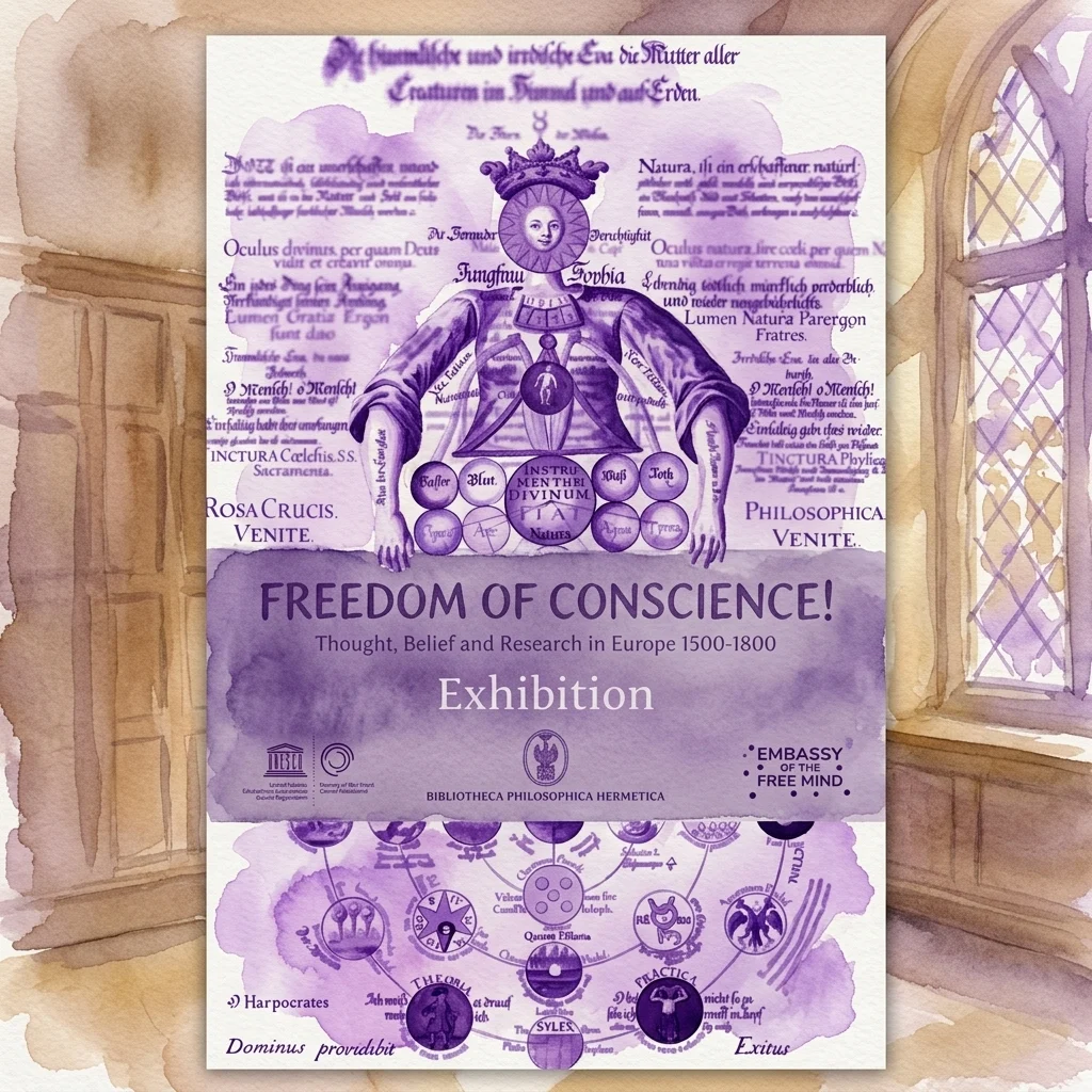 Póster de la exposición «¡Libertad de conciencia! Pensamiento, creencia e investigación en Europa 1500-1800» con un emblema alquímico púrpura y diagramas herméticos.