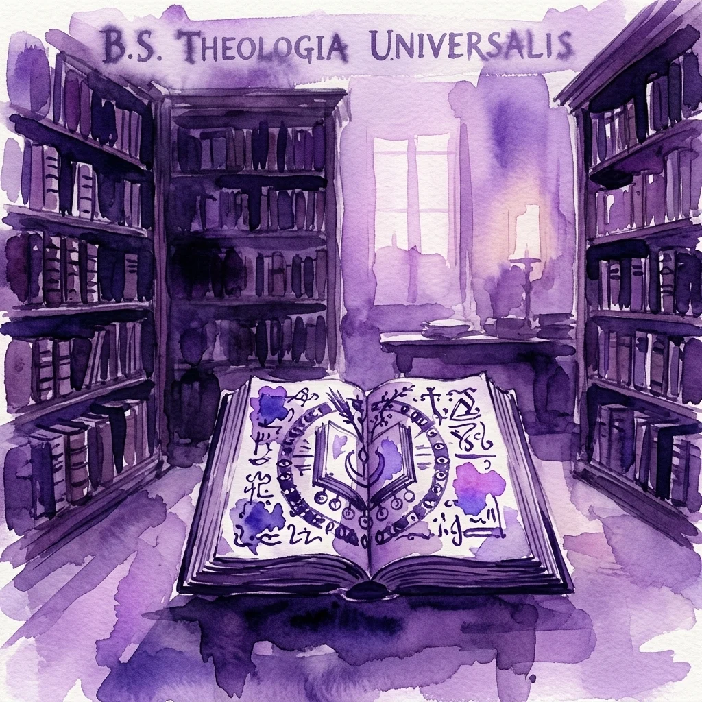 Ilustración en acuarela morada de una biblioteca con altas estanterías y un libro abierto que muestra símbolos místicos, bajo el texto B.S. Theologia Universalis.