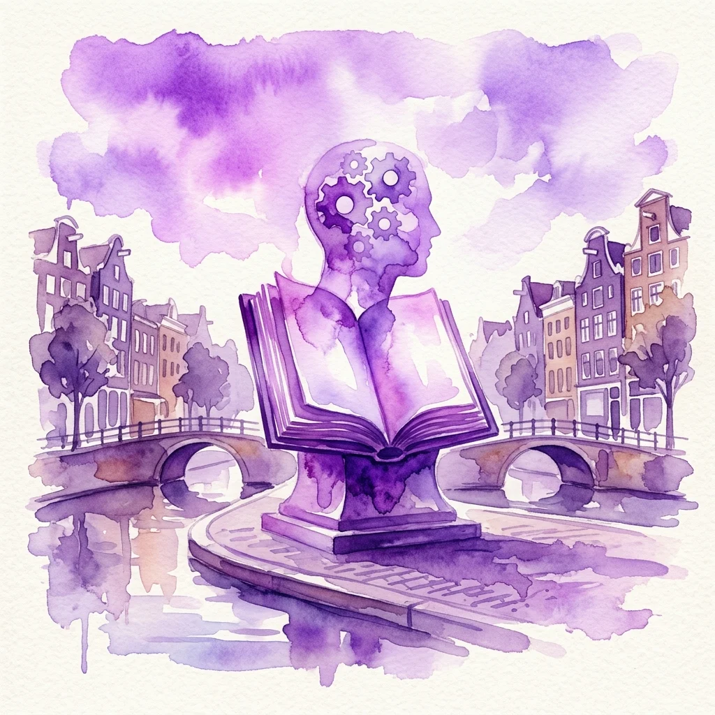 A watercolor illustration of a monument featuring a head with gears inside, sitting atop an open book, set against a backdrop of Amsterdam canals and historic buildings.