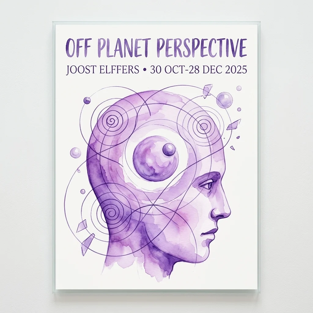 Cartel de 'Off Planet Perspective: Drawings by Joost Elffers' (30 oct - 28 dic 2025), que muestra el perfil de una cabeza en acuarela morada con espirales y esferas.