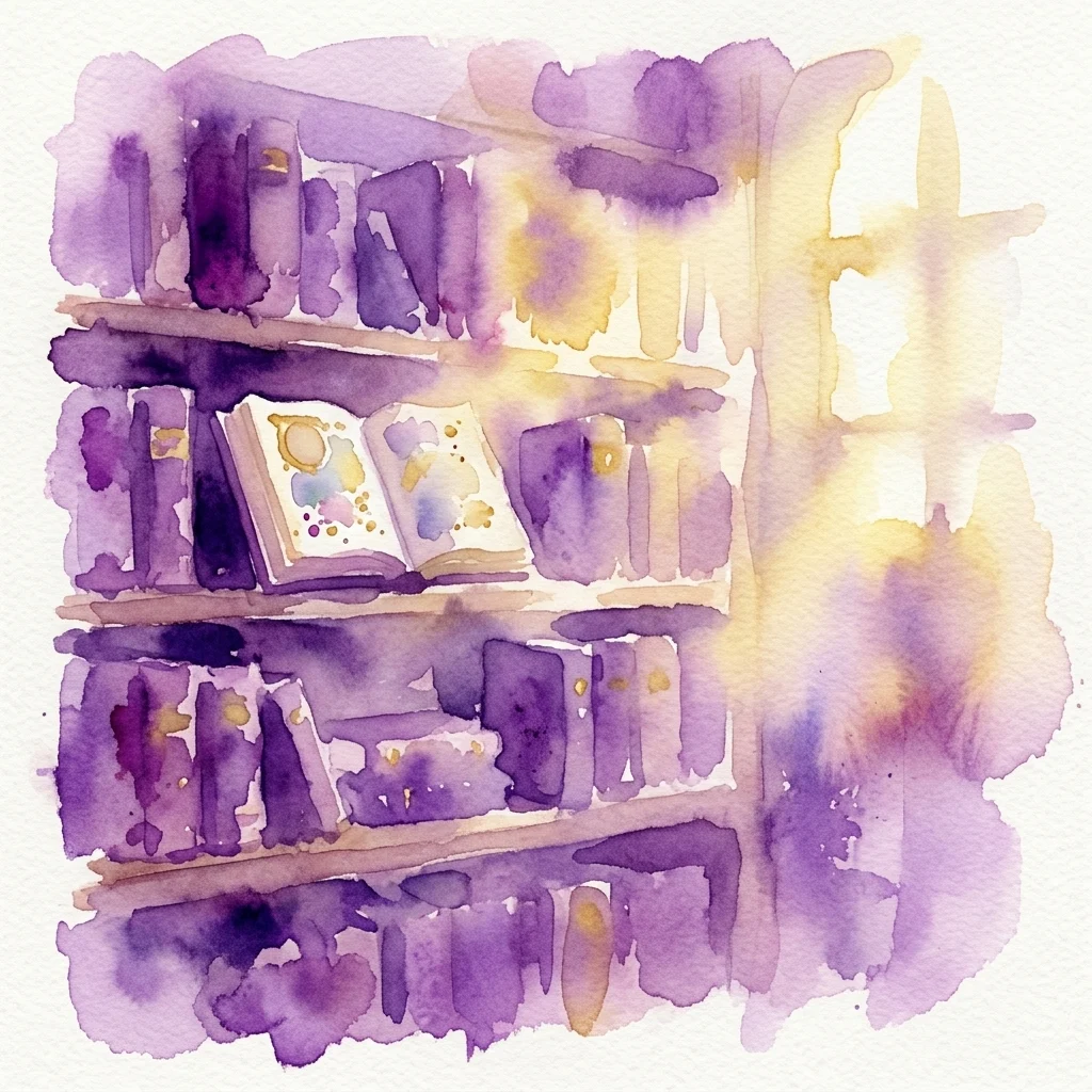 Acuarela de un libro abierto sobre estanterías de biblioteca con volúmenes de color púrpura bajo una cálida luz solar, para la exposición Open Book de la Bibliotheca Philosophica Hermetica.