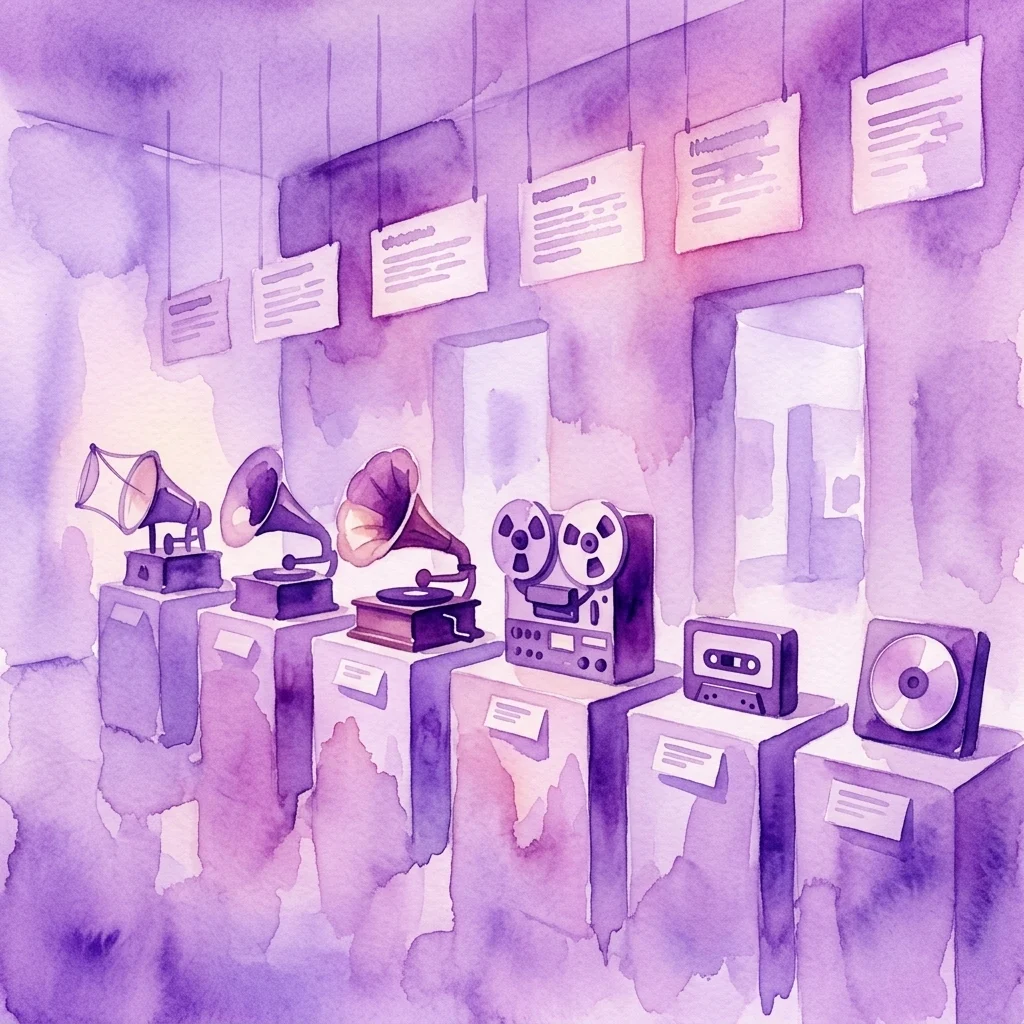 Ilustracja akwarelowa wystawy muzealnej prezentującej zabytkowe urządzenia do nagrywania dźwięku, w tym fonautograf, fonograf, gramofon, magnetofon, odtwarzacz kasetowy i odtwarzacz CD, ułożone chronologicznie.