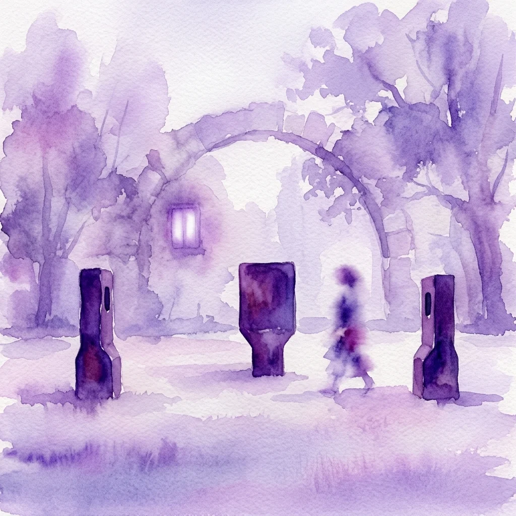 Ilustracja akwarelowa rzeźb Eduardo Chillidy w abstrakcyjnych, monumentalnych formach w Chillida Leku, umieszczona w spokojnym, naturalnym krajobrazie z kamiennym łukiem i drzewami.