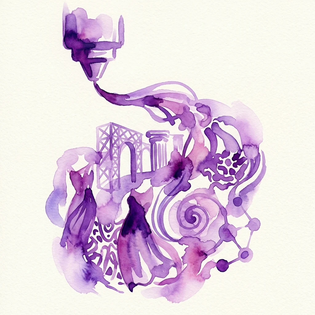 Een paarse aquarelillustratie die abstracte voorstellingen van 3D-printtechnologie afbeeldt, waaronder architecturale structuren, moleculaire modellen en vloeiende vormen, die innovatie in geneeskunde, mode en architectuur symboliseren.