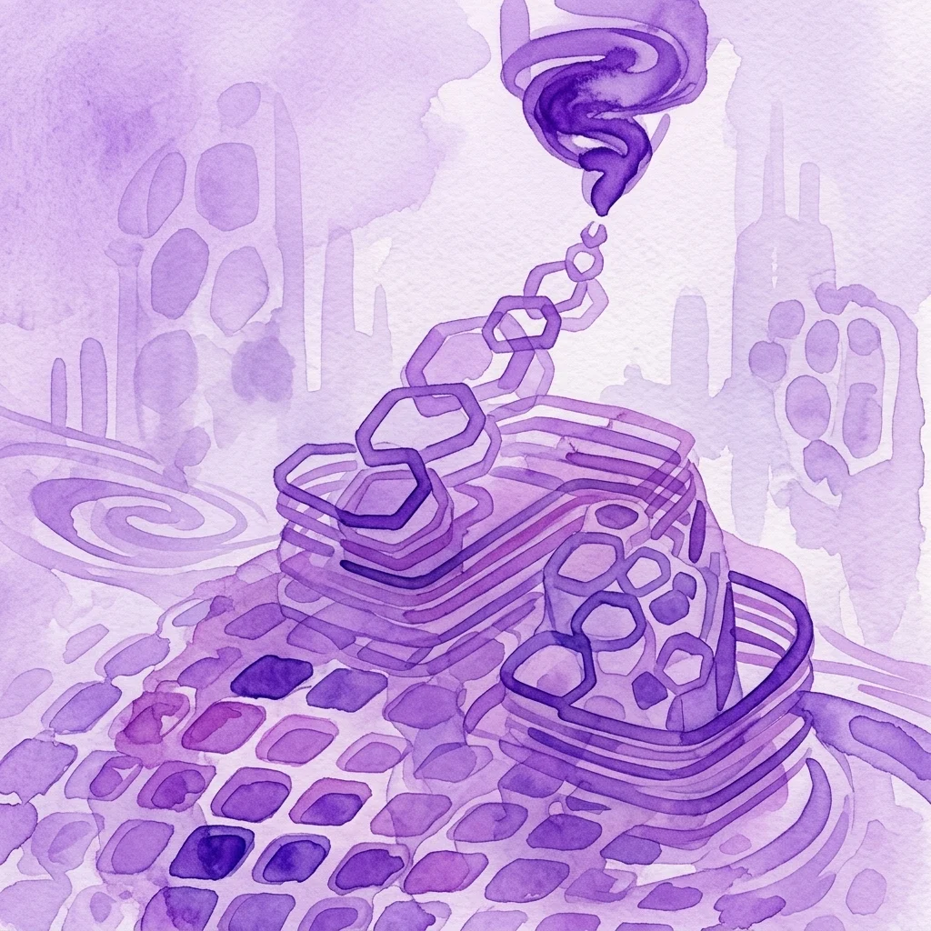 Abstracte paarse aquarelillustratie van 3D-printlagen die een complexe geometrische structuur vormen, symbool voor innovatie en futuristische technologie.