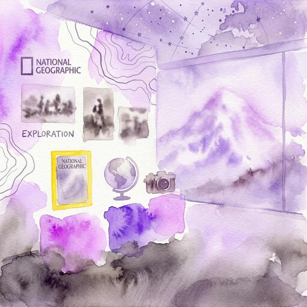 Ilustracja akwarelowa wystawy National Geographic przedstawiająca globus, aparat fotograficzny, zabytkowe zdjęcia, okładkę magazynu i górski krajobraz, wszystko na temat eksploracji.