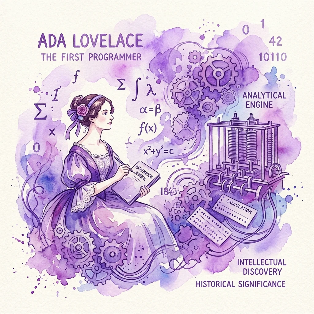 Ilustracja w stylu vintage przedstawiająca Adę Lovelace piszącą w dzienniku, otoczoną równaniami matematycznymi, zębatkami i wizerunkiem maszyny analitycznej, podkreślająca jej rolę jako pierwszej programistki komputerowej.