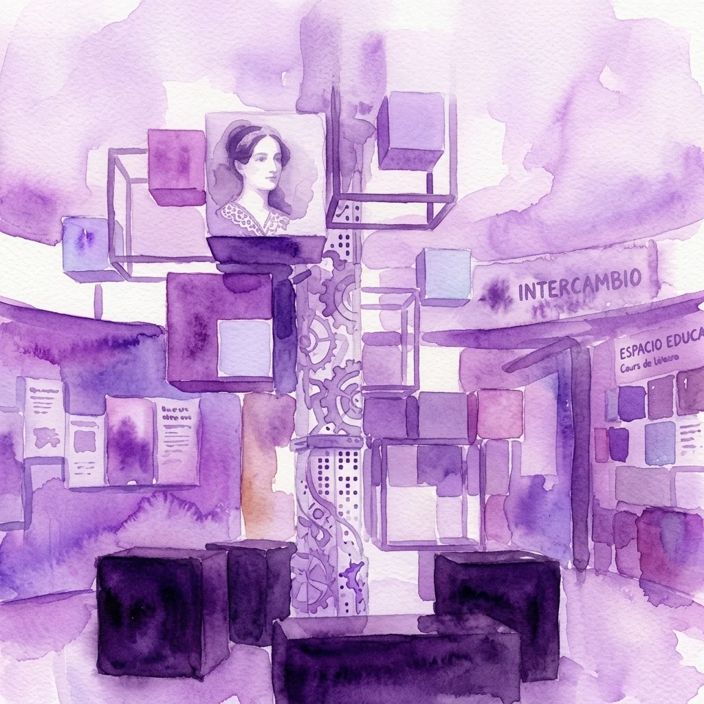 Ilustracja akwarelowa przestrzeni wystawienniczej przedstawiająca portret Ady Lovelace, mechaniczne tryby i fioletowe kształty geometryczne, symbolizujące jej dziedzictwo jako pierwszej programistki komputerowej.