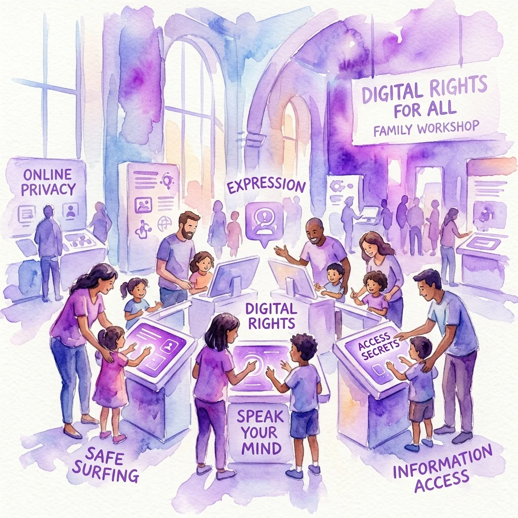 A family workshop on digital rights featuring parents and children interacting with exhibits on online privacy, expression, safe surfing, and information access in a modern gallery space.