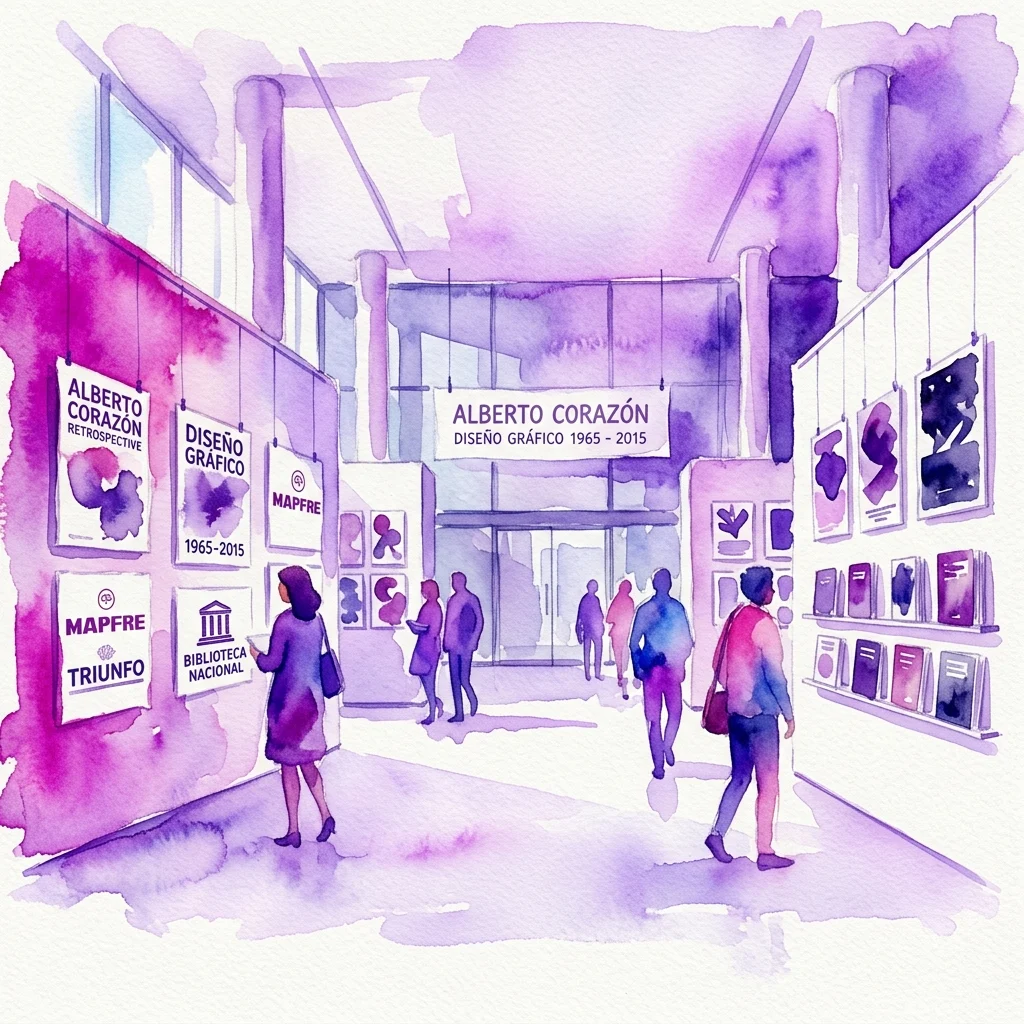 Watercolor illustration of the Alberto Corazón: Graphic Design 1965-2015 exhibition, showing visitors viewing posters and book covers in a modern gallery space with purple and pink hues.