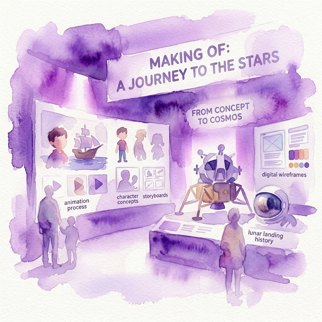 Een geïllustreerde tentoonstelling met de titel 'Making of: A Journey to the Stars' die het animatieproces, karakterconcepten, storyboards, digitale wireframes en de geschiedenis van de maanlanding uit de film 'Atrapa la Bandera' belicht.