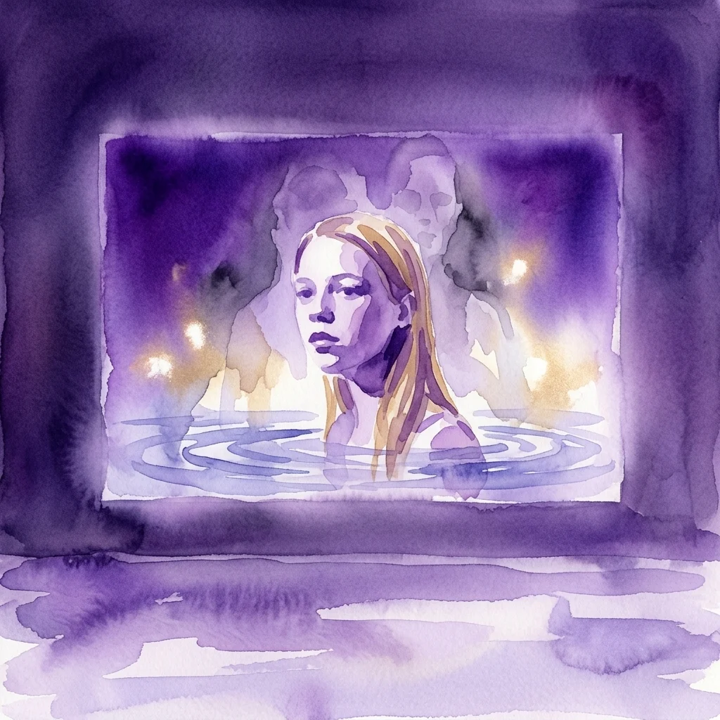 Aquarelowe dzieło przedstawiające twarz kobiety wynurzającą się z wody, otoczone fioletowymi i złotymi barwami, odzwierciedlające motywy życia, duchowości i czasu w twórczości Billa Violi.