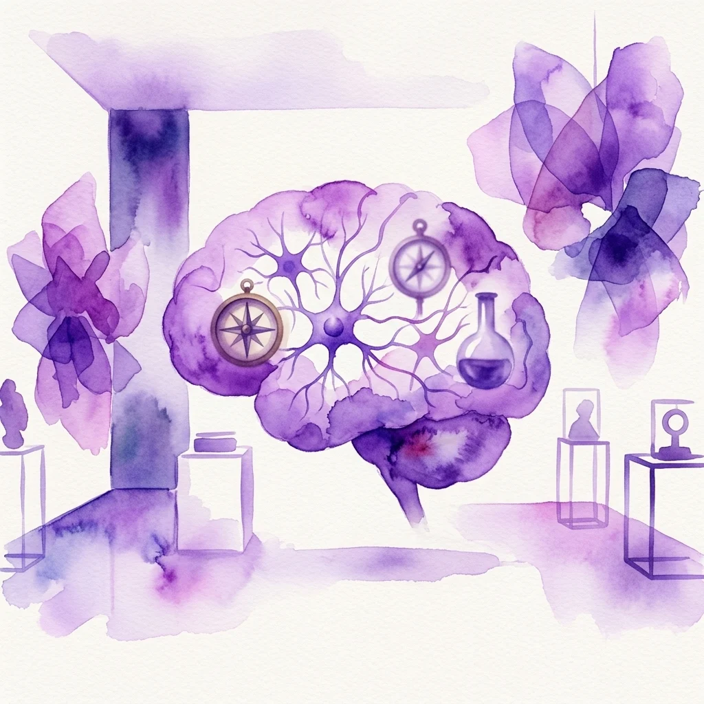 Ilustracja akwarelowa fioletowego mózgu z instrumentami naukowymi, umieszczona w przestrzeni galerii z abstrakcyjnymi instalacjami artystycznymi i postumentami wystawowymi.