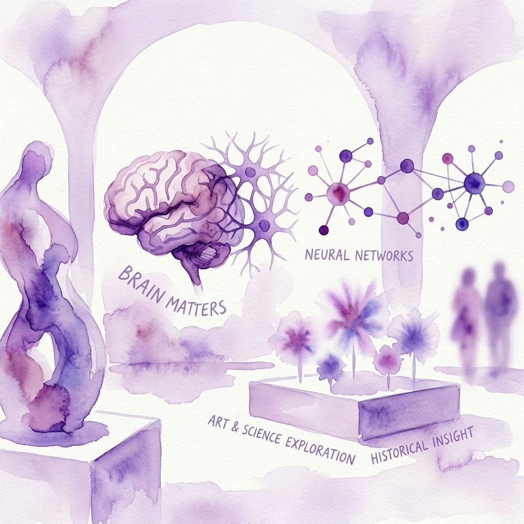 Ilustracja artystyczna wystawy 'Cerebro(s) en San Telmo', przedstawiająca mózg, sieci neuronowe i abstrakcyjne formy w fioletowej akwareli, z etykietami tekstowymi 'Brain Matters', 'Neural Networks' i 'Art & Science Exploration Historical Insight'.